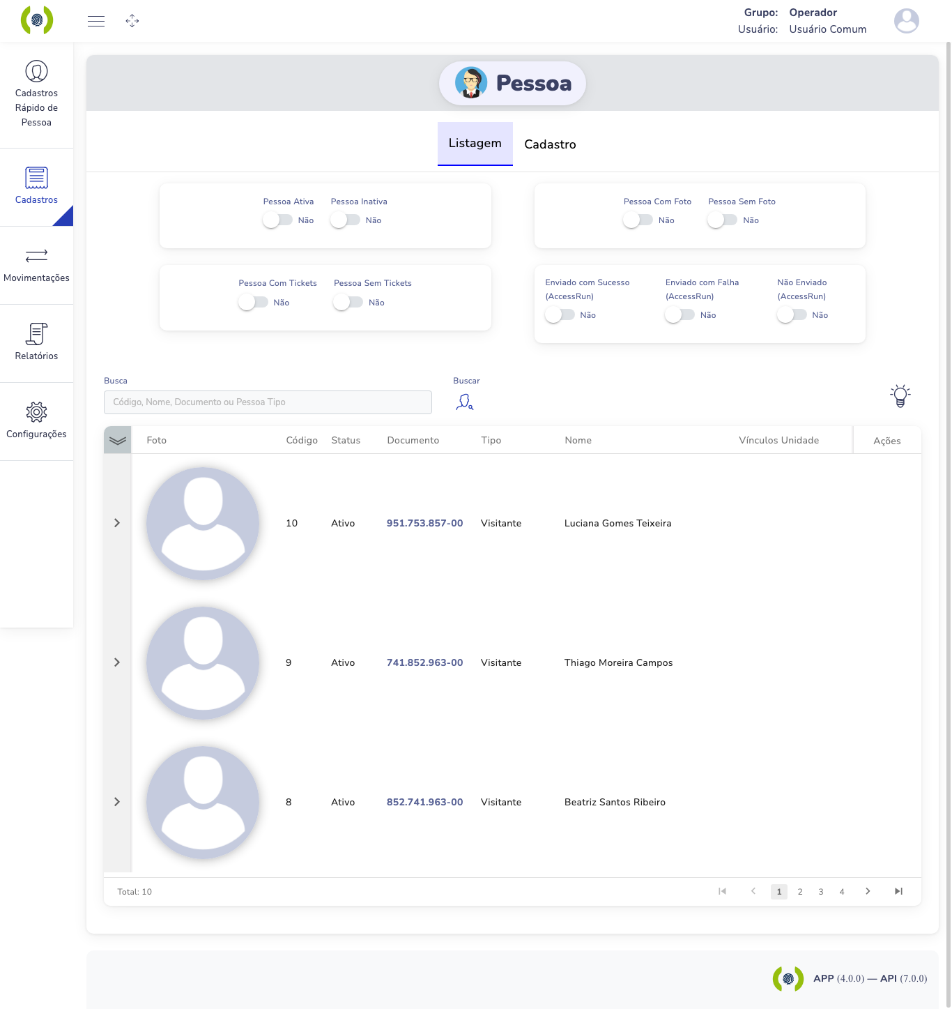 Filtros de envio para o reconhecimento facial na Listagem de Pessoas