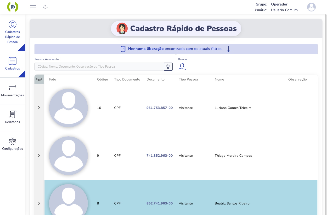 Lista do Cadastro Rápido mostrando a coluna Tipo Pessoa