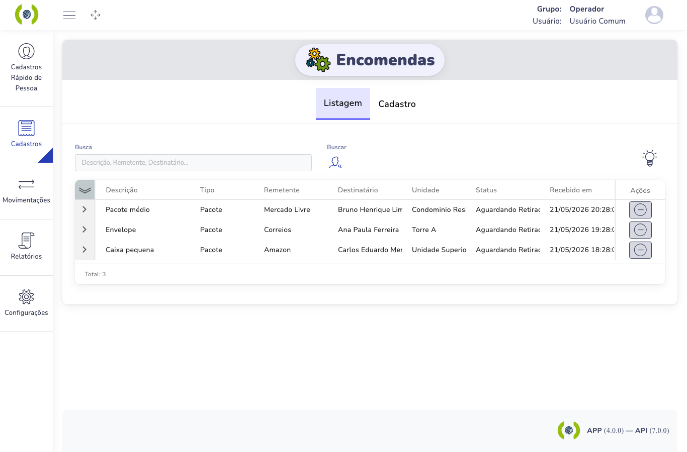 Lista de encomendas registradas