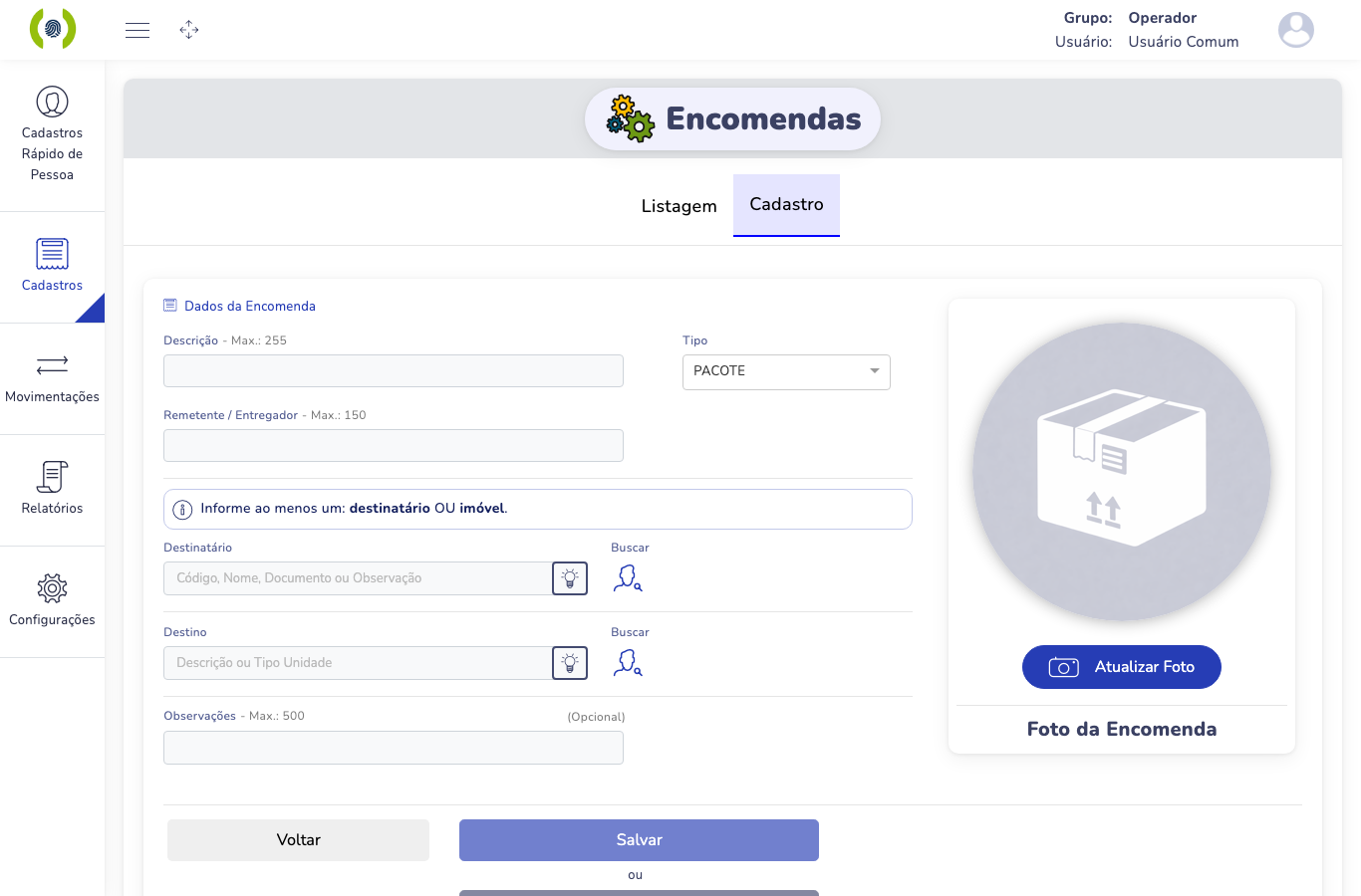 Formulário de cadastro de encomenda