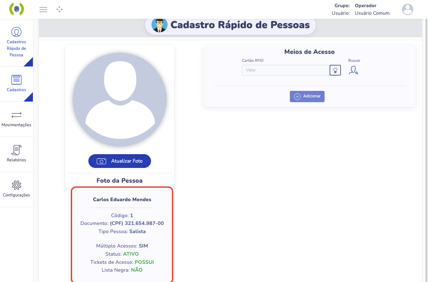 Quadro de informações com Status, Tickets e Múltiplo Acessos