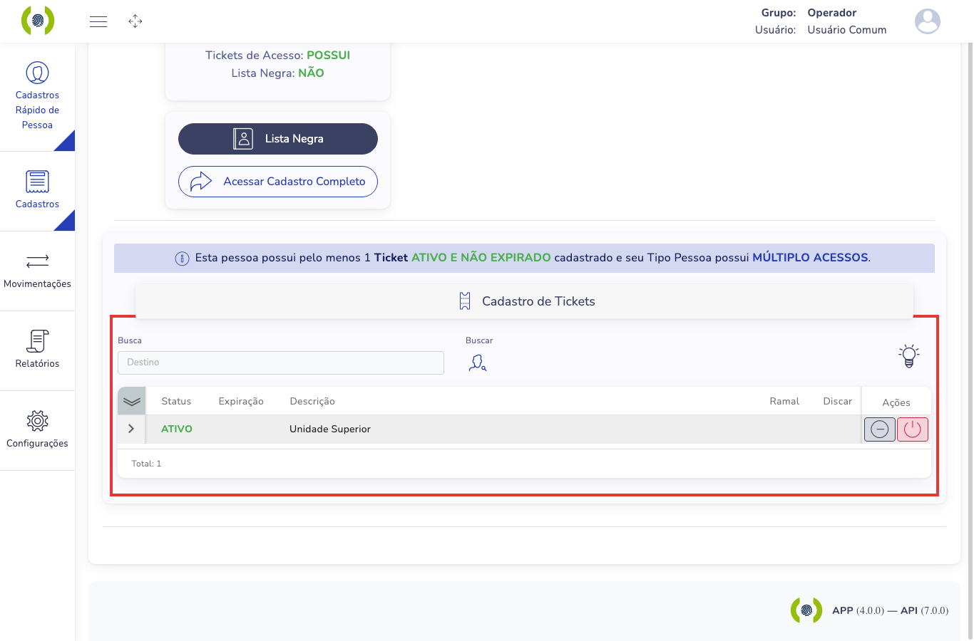 Quadro Cadastro de Tickets mostrando Status ATIVO e o destino