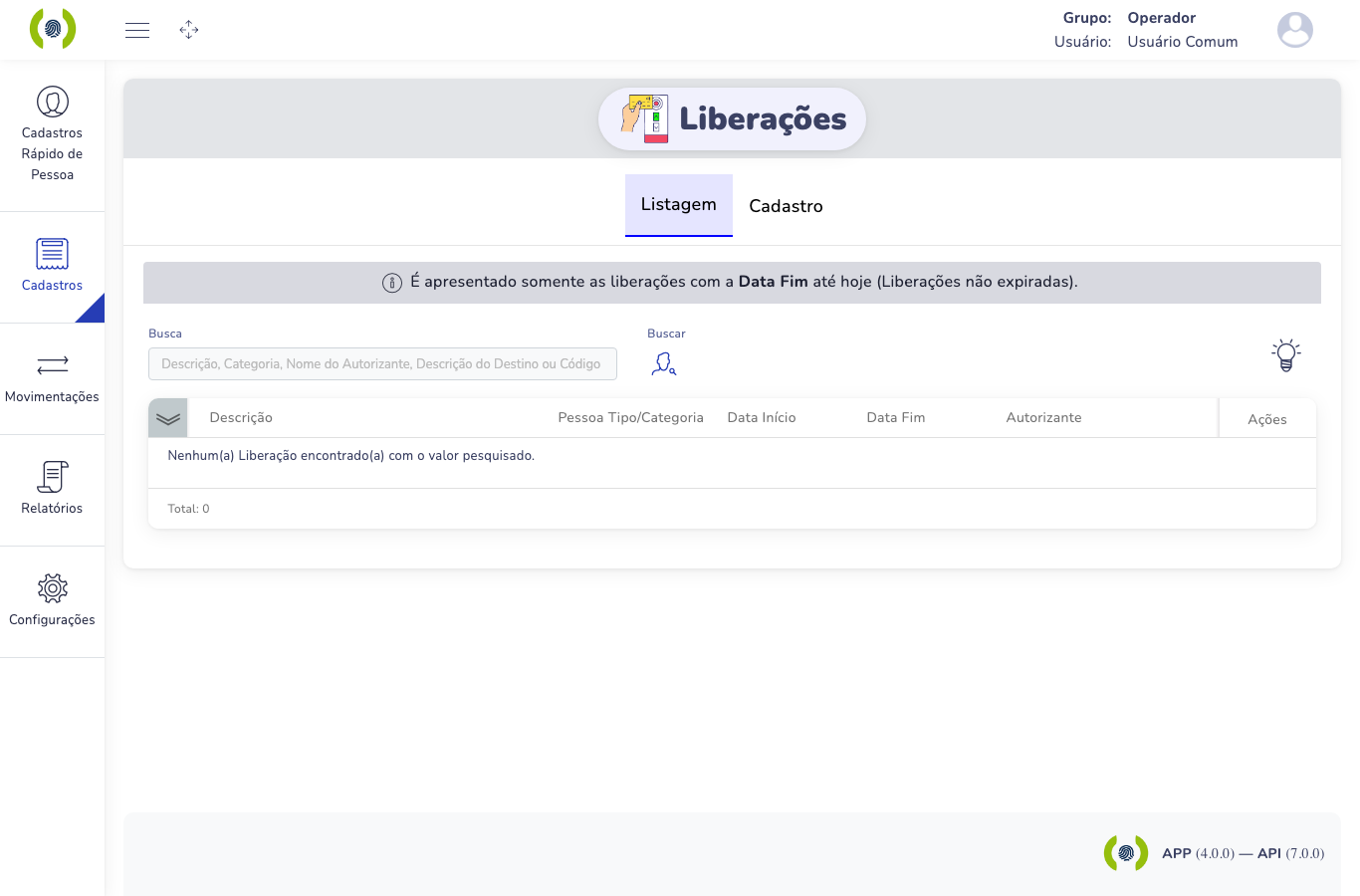 Tela de Liberações, aba Listagem