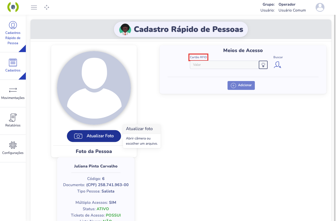 Campo Cartão RFID em destaque