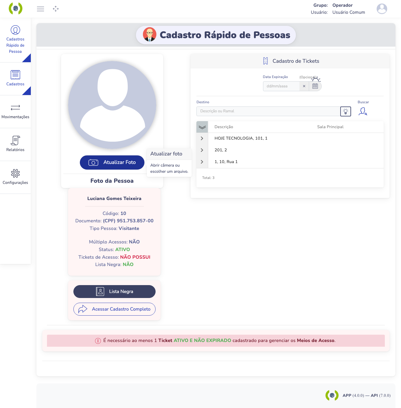 Painel Cadastro de Tickets com a lista de destinos
